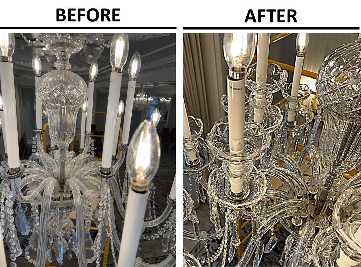 Before and after chandelier cleaning — white crystal chandelier with candle arms