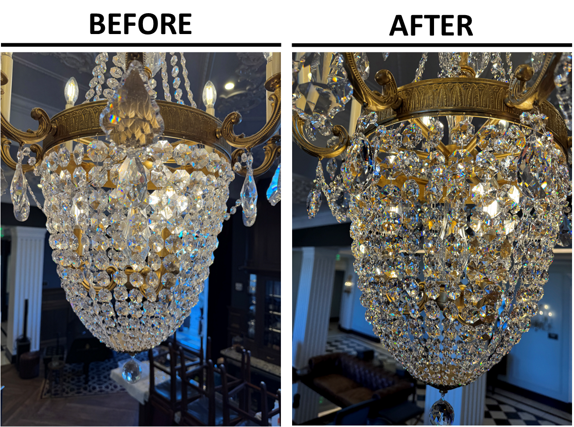 Before and after chandelier cleaning — gold and crystal basket chandelier in hotel lobby