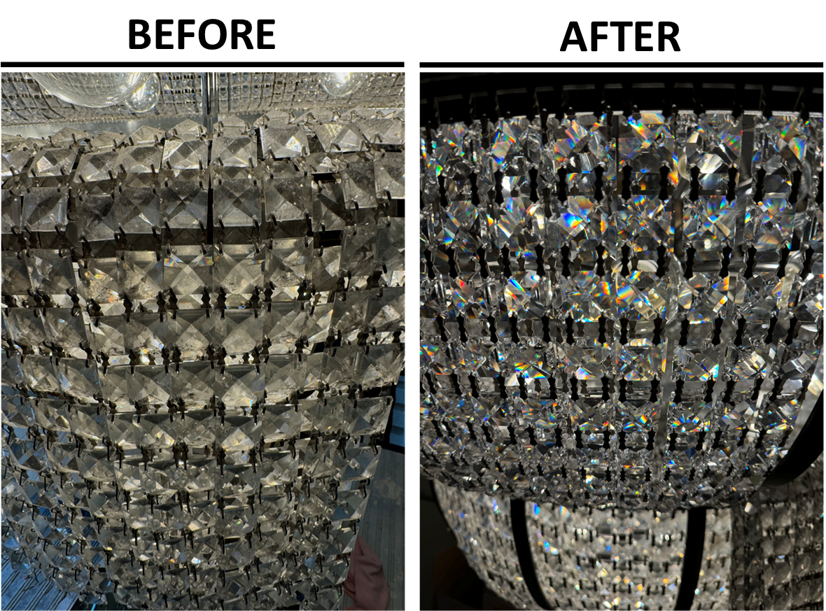 Before and after chandelier cleaning — close-up of crystal panels restored to full brilliance