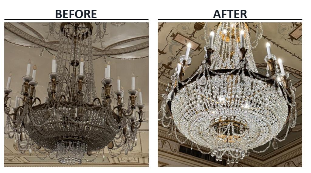 Before and after chandelier cleaning — large ornate crystal chandelier restored to brilliant clarity