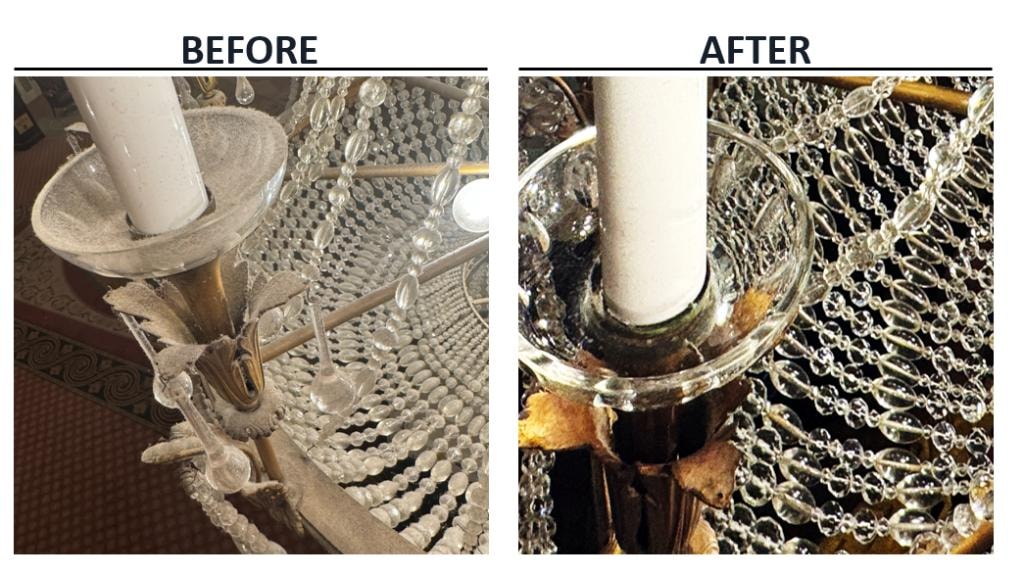 Before and after chandelier cleaning — close-up of dusty crystal bobeche and candle arm restored to sparkling clarity