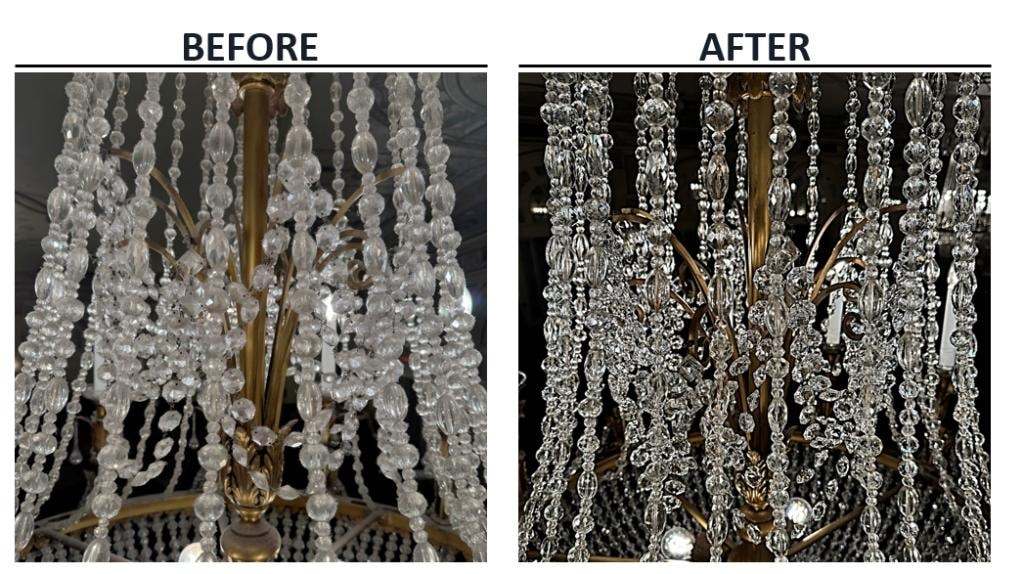 Before and after chandelier cleaning — cascading crystal strands on gold-branch chandelier restored to brilliant clarity