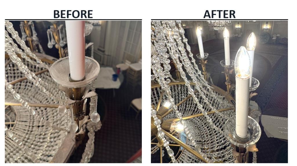 Before and after chandelier cleaning — close-up of dusty candle arm and crystal strands on gold chandelier restored to sparkling clarity in ballroom