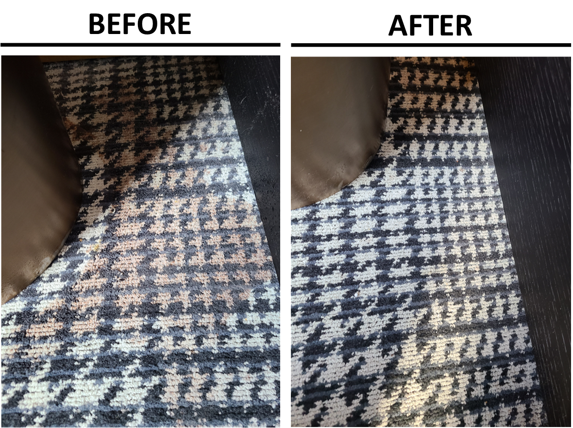 Before and after houndstooth carpet cleaning — pattern fully restored