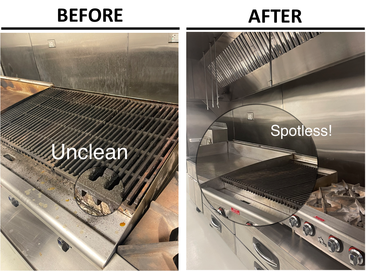 Commercial kitchen grill before and after professional deep cleaning by Spencer Restoration Services