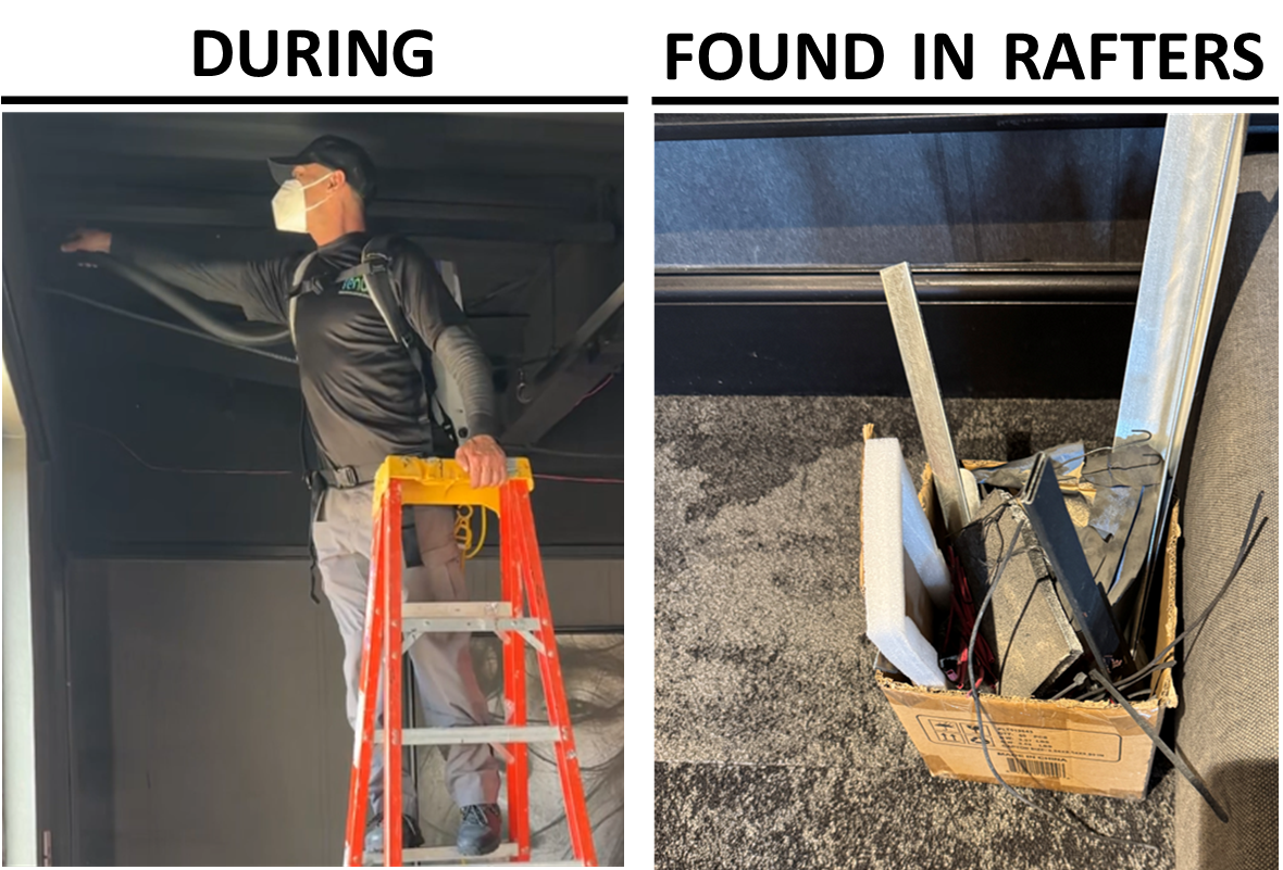 Spencer Restoration technician performing high dusting work on a ladder, and debris discovered in ceiling rafters during the cleaning