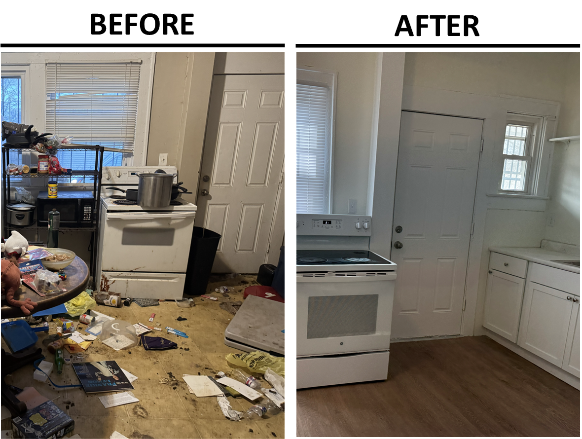 Hoarding cleanup before and after — severely cluttered kitchen restored to clean, move-in ready condition