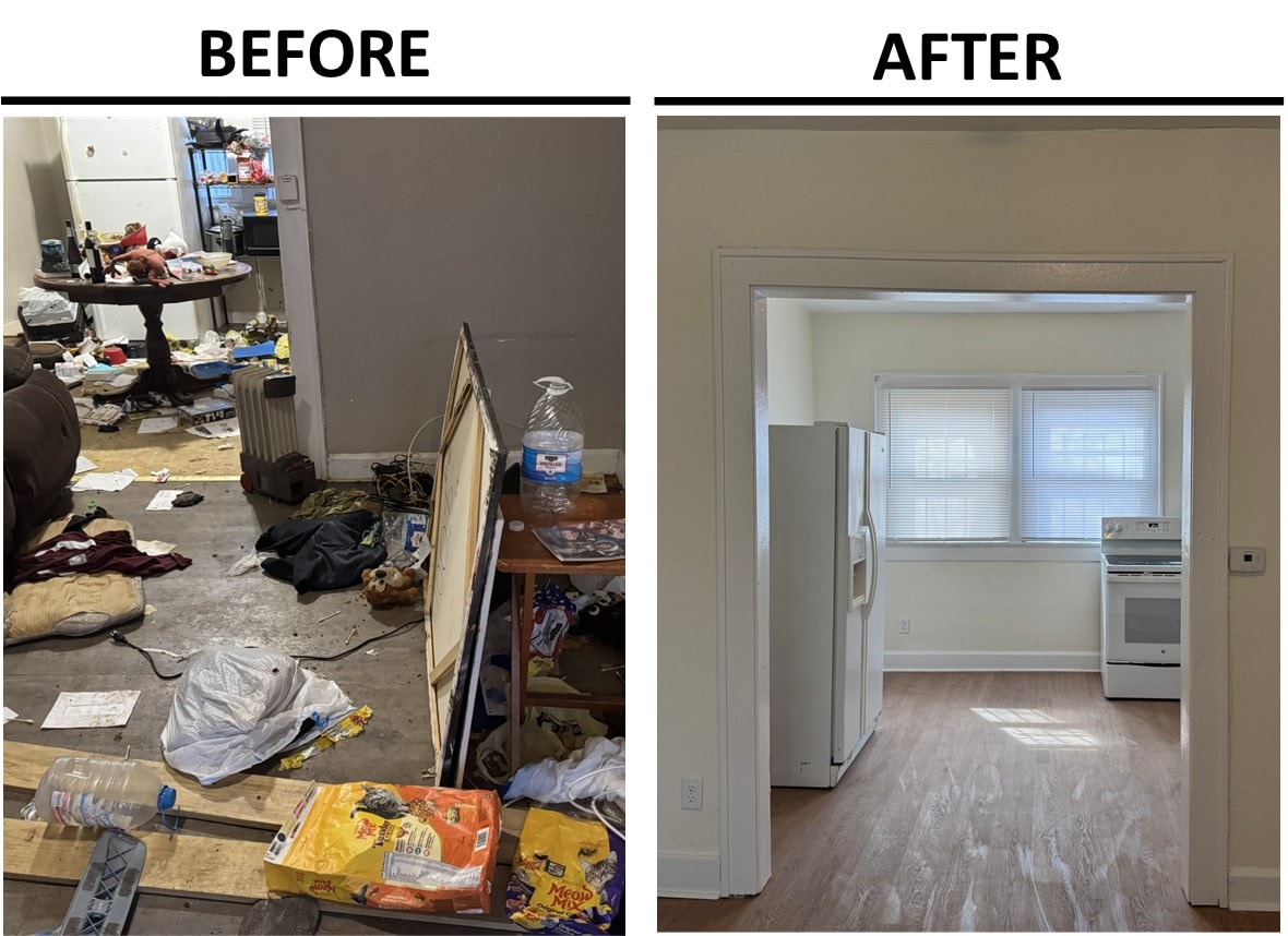 Hoarding cleanup before and after — heavily cluttered living space with debris restored to a clean, move-in ready home