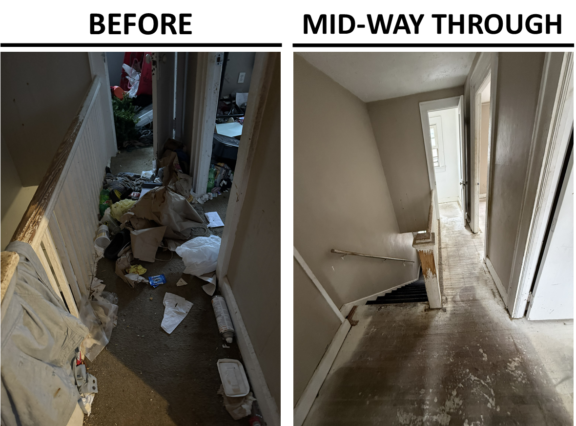 Hoarding cleanup before and after — debris-filled hallway and staircase restored to a clean, open, move-in ready condition