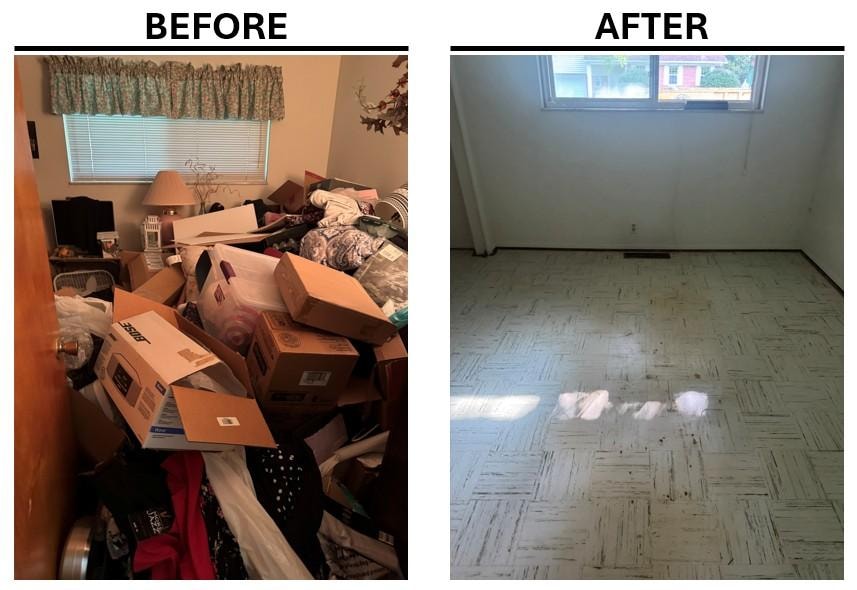 Hoarding cleanup before and after — room packed floor to ceiling with boxes and clutter restored to a clean, empty, move-in ready space