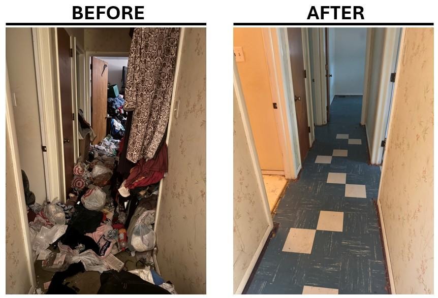 Hoarding cleanup before and after — cluttered hallway filled with debris restored to a clear, clean corridor