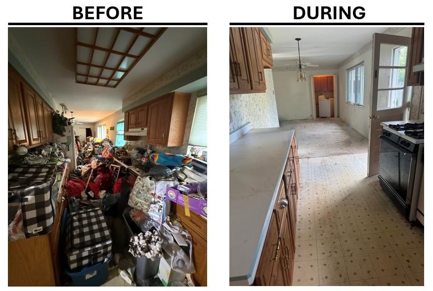Hoarding cleanup before and during — severely cluttered kitchen cleared mid-process showing dramatic progress