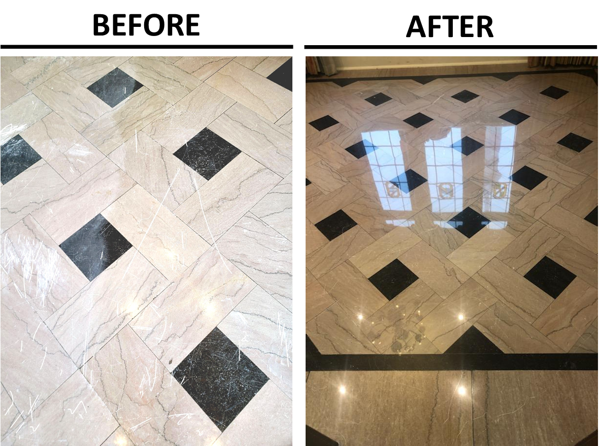 Marble floor before and after professional restoration by Spencer Restoration Services — scratches removed, mirror polish restored