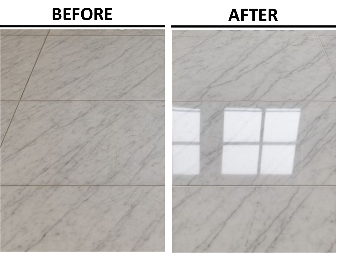 Marble floor before and after restoration — dull surface transformed to a high-gloss mirror finish