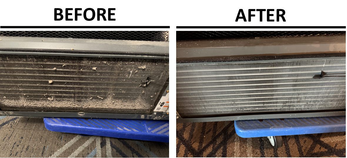 PTAC coil before and after cleaning — heavily soiled coil fins restored to clean condition by Spencer Restoration Services