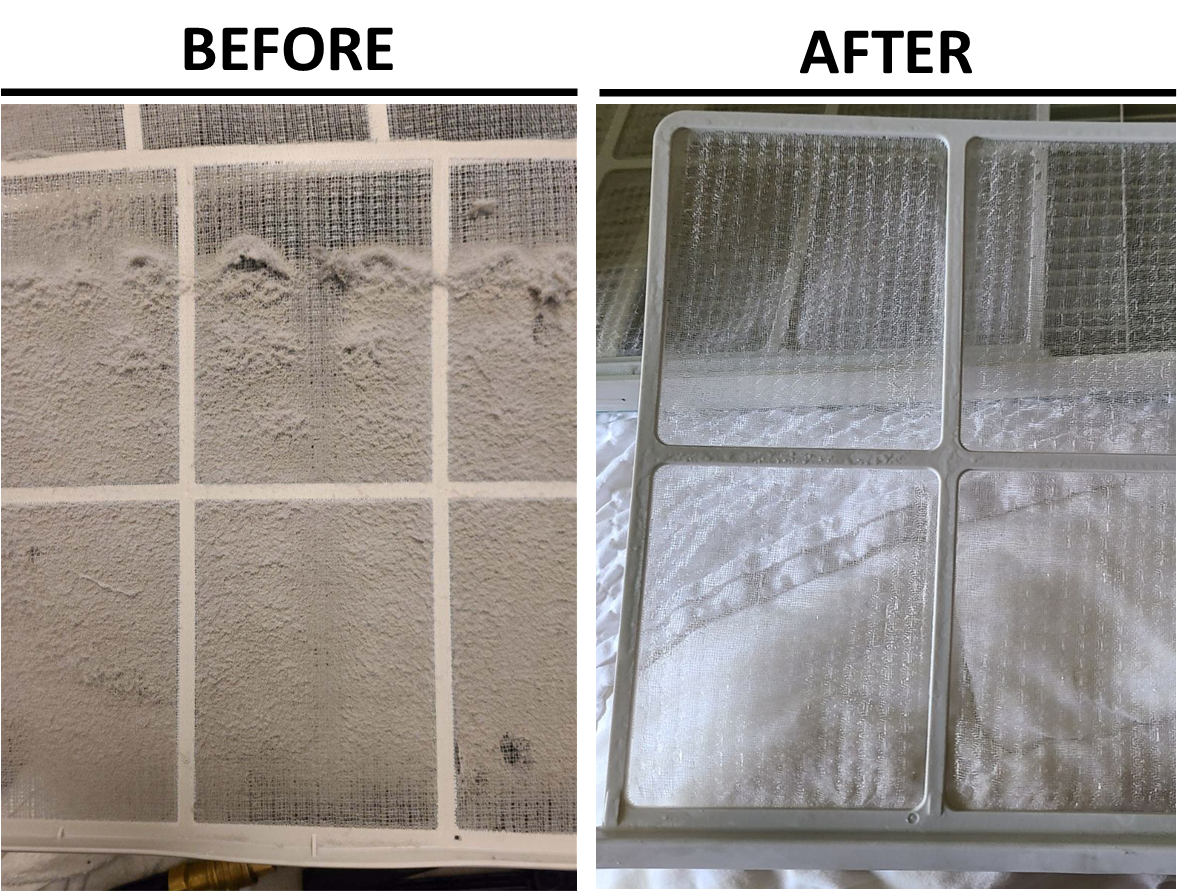 PTAC unit filters before and after cleaning — dust-clogged filters restored to like-new condition by Spencer Restoration Services