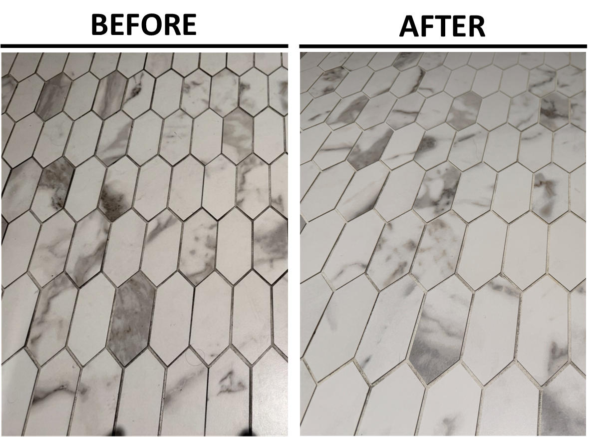 Before and after tile and grout cleaning — hexagon marble tile restored
