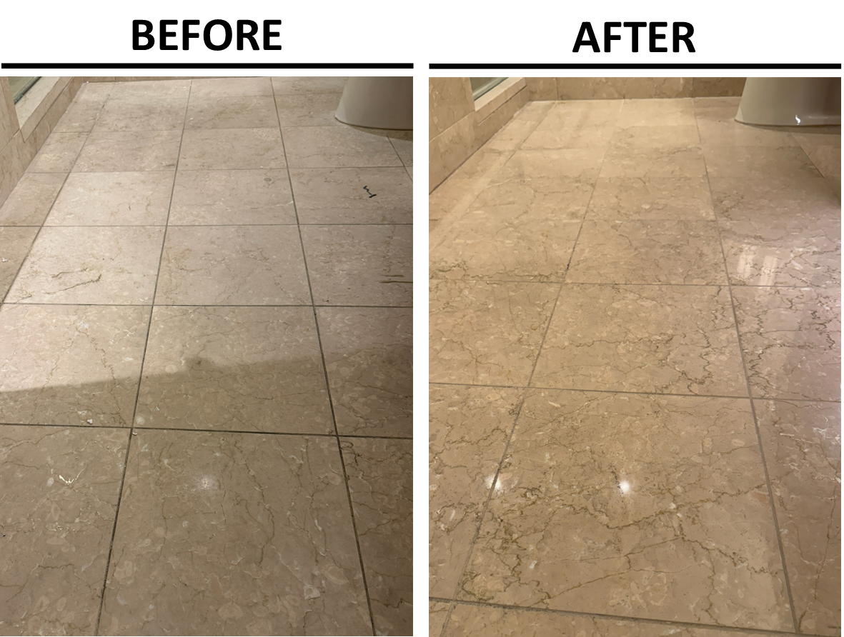 Before and after tile and grout cleaning — large format marble floor polished to a shine