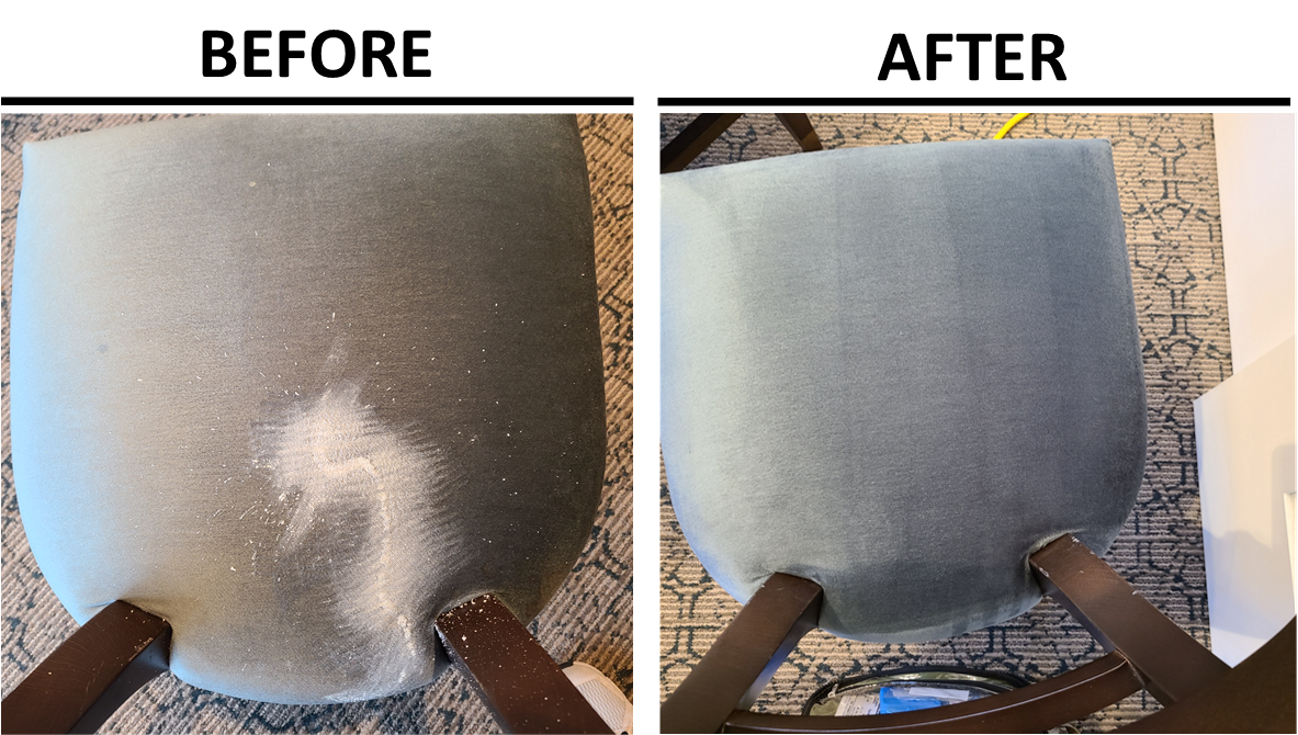 Banquet chair upholstery before and after cleaning — heavily soiled fabric restored to like-new condition