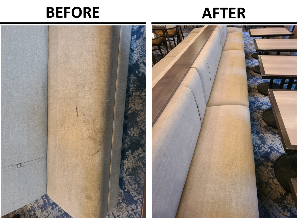 Commercial booth seating before and after upholstery cleaning — stained fabric fully restored