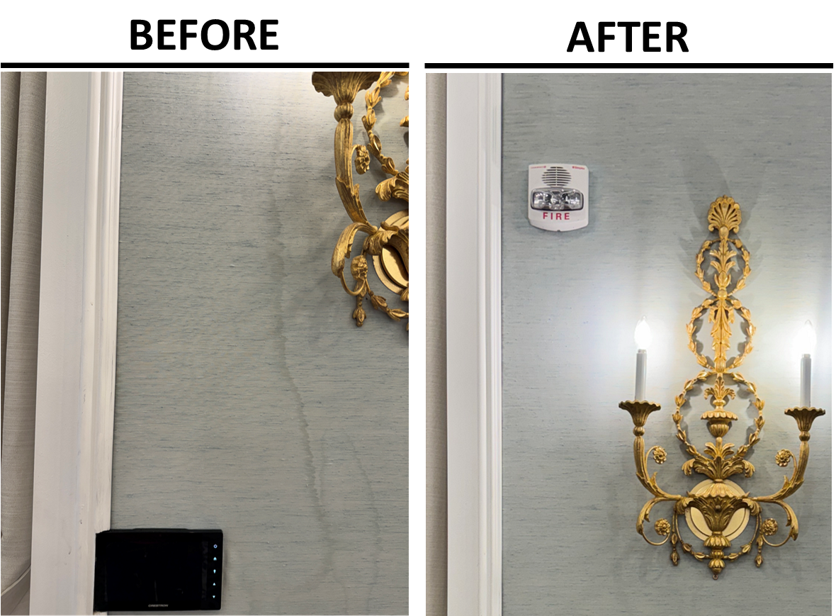 Silk wall covering before and after water damage restoration — water streaks removed and silk restored to like-new condition by Spencer Restoration Services